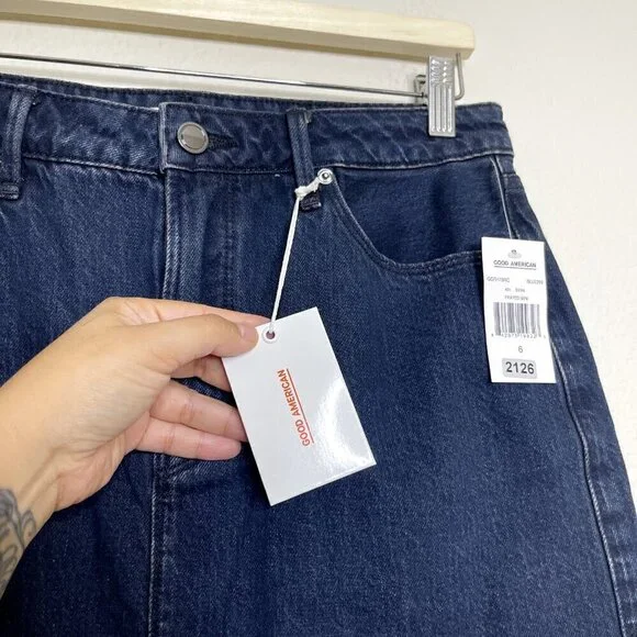 Good American Denim Skirt Sz 6/28 Mini Blue Frayed Hem Miniskirt 100% Cotton NEW - Picture 7 of 14